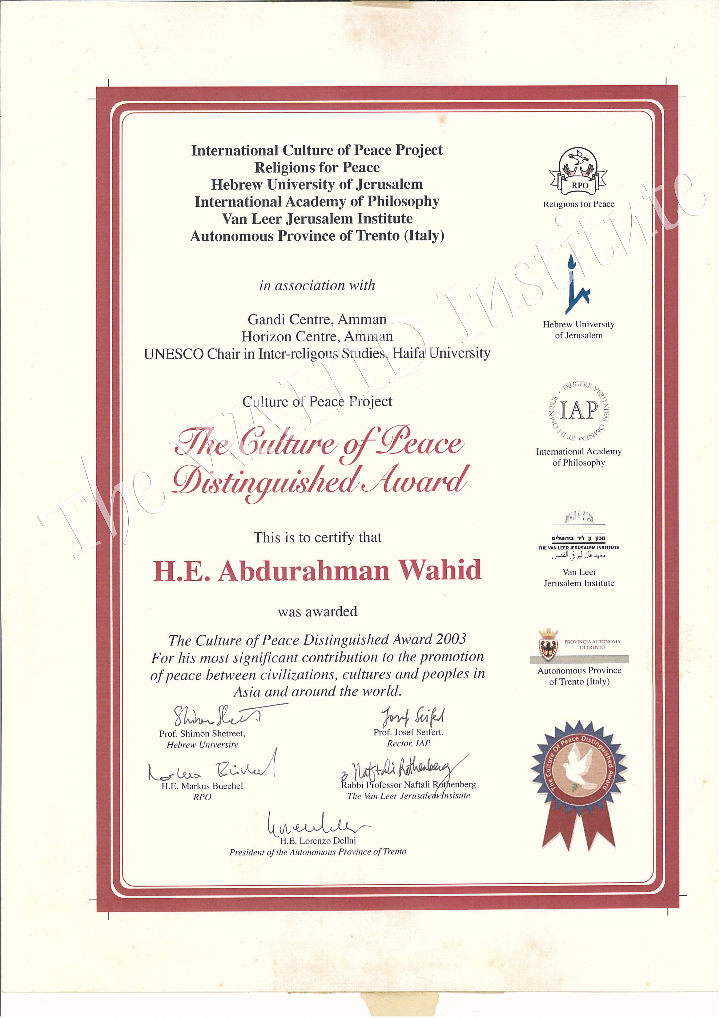 The Culture of Peace Distinguished Award 1